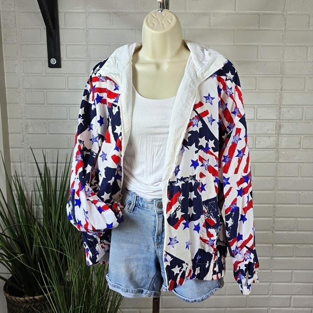 Vintage Liz Sport Patriotic Stars And Stripes Print Jacket Oversized Medium